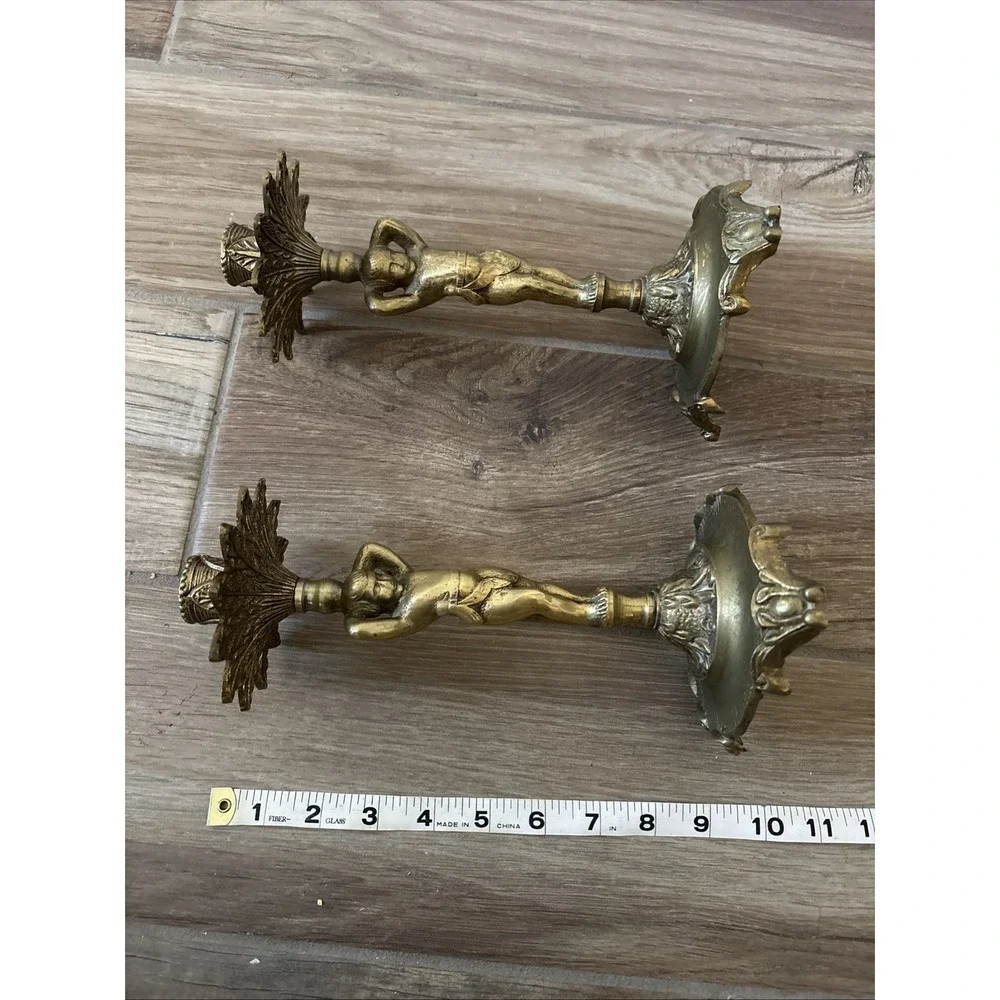 Pair of GORGEOUS‎ Vintage Cherub Candlesticks, Brass 10